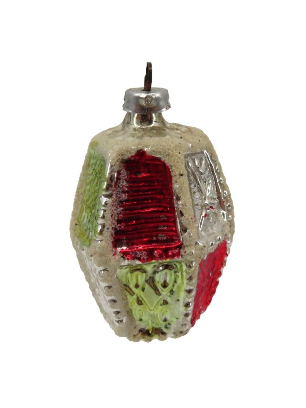 Antique West Germany Silver Green Red Mica Glitter Mercury Glass Ornament Retro